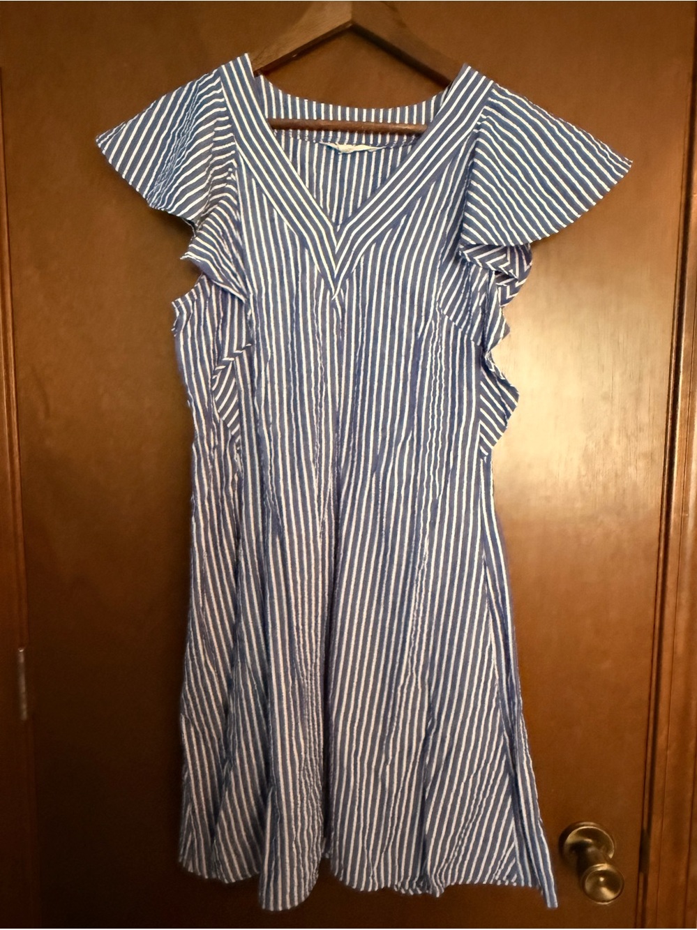 52Seven Blue & White Striped Flutter Sleeve Dress, Size Medium
